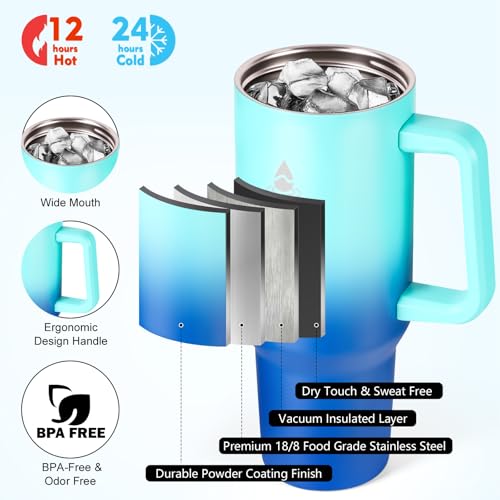 40 oz Tumbler with Handle and Straw or Convert to 40 oz Insulated Water Bottle Fits in Cup Holder. Stainless Steel Metal Water Flask with 2 Lids for Travel,Camping,Gym Sports Coffee Mug Thermal Cup - color: Green Blue Gradient