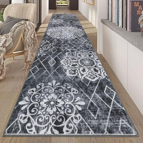 HEBE Hallway Runner Rug 2'8''x12', Washable Non Slip Kitchen Rug Runner | Soft Boho Bedroom Runner Rug, Vintage Distressed Low-Pile Floor Carpet Runners for Hallway, Entrance, Bathroom, Laundry - color: Black/Grey, size: 2'8" x 12' (Rectangular)