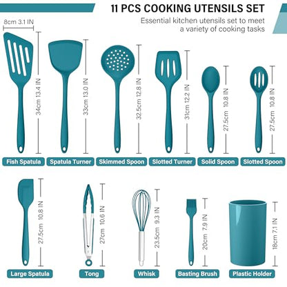 HaWare 11 PCS Silicone Cooking Utensils Set, Heat Resistant Kitchen Utensils with Holder, Food-grade Spatula Sets for Nonstick Cookware, Kitchen Tools Gadgets Include Fish Turner, Spoon (Blue) - color: Blue