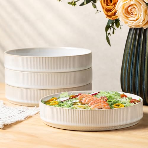 7.5" Ceramic Pasta Bowls Set of 4, Salad Bowls | Versatile Serving Bowls for Pasta, Salad, Fruit & Noodles, Housewarming & Wedding Gift, Reactive White - color: Reactive White, size: 7.5 Inch