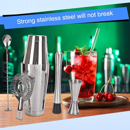 24 Pcs Shaker Set Stainless Steel Cocktail Drink 18 oz&28 oz Shaker Tin with Strainer Jigger Long Spoon Muddler Bottle Pourer Mixed Alcohol Tool for Beginner Bartender Kit