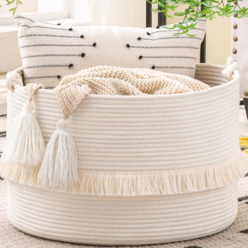 KAKAMAY Large Blanket Basket (20"x13"),Woven Baskets for storage Baby Laundry Hamper, Cotton Rope Blanket Basket for Living Room, Laundry, Nursery, Pillows, Baby Toy chest (White) | Extra Large Capacity,Blanket Storage | Laundry Basket | Natural Cotton Ro
