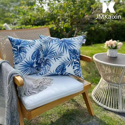 Outdoor Throw Pillows 18×18 Inch Waterproof Pillows with Inserts | Set of 2 Fade Resistant Patio Pillows for Porch Garden Couch and Patio Furniture - color: Blue-palm