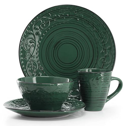 Elama Malibu Sea Glass 16-Piece Stoneware Embossed Pattern Reactive Glaze Dark Green Dinnerware Set, Tableware, Serveware Set (Sea Glass Green) - color: Sea Glass Green