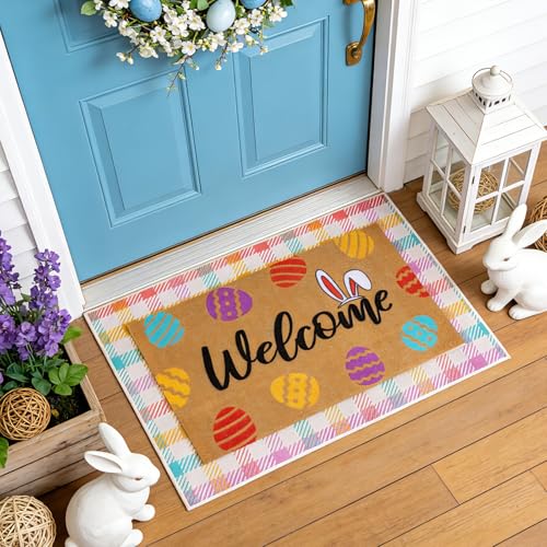 2 Pcs Easter Welcome Doormat-Outdoor Easter Egg Welcome Door Mat | Cute Colorful Eggs Front Decoration Rubber Non Slip Backing Floor Mats for Home Outdoor Porch Entryway Entrance Decor - color: Brown and Blue