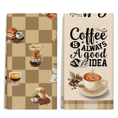 Vintage Coffee Kitchen Towels and Dishcloths Set of 2, Farmhouse Decorative Hand Towel Drying Cloth for Bathroom Cafe Bar, Housewarming Gift for Hostess, Women, 16x24 Inches -04 - color: Coffee