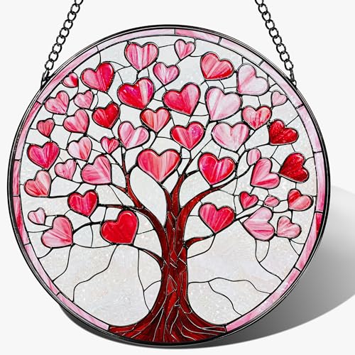 Stained Glass Window Hanging - 8 Inch Love Heart Tree Sun Catcher, Suncatcher Window Decor | Anniversary, Birthday, Christmas, Mother's Day, Valentine’s Day Gifts for Lover, Wife, Girlfriend, Mom - color: Heart Tree