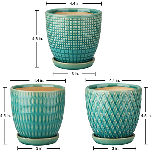 Oairse 4 inches Ceramic Planters Pots for Indoor Plants 3 Set of Small Round Flower Pots with Drainage Hole and Ceramic Tray Modern Planters Set for Succulents Cactus Garden Home Windowsill Table - color: Teal