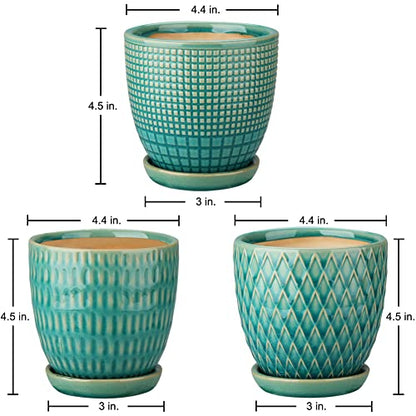 Oairse 4 inches Ceramic Planters Pots for Indoor Plants 3 Set of Small Round Flower Pots with Drainage Hole and Ceramic Tray Modern Planters Set for Succulents Cactus Garden Home Windowsill Table - color: Teal