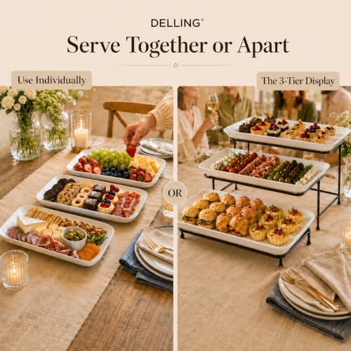 DELLING 3 Tier Serving Tray Set 16 Inch, Large Porcelain Tiered Platters with Collapsible Stand - Serving Dishes for Entertaining Dessert Table Party, Easy Assembly, White - size: 16 inch