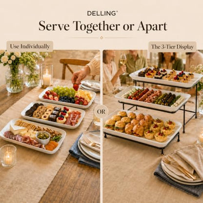 DELLING 3 Tier Serving Tray Set 16 Inch, Large Porcelain Tiered Platters with Collapsible Stand - Serving Dishes for Entertaining Dessert Table Party, Easy Assembly, White - size: 16 inch