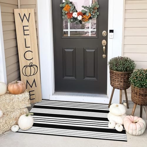 Front Door Mats 27.5"x43" Black and White Outdoor Rug Fall Porch Decor | Cotton Woven Front Door Rug Striped Welcome Mat Machine Washable Layered Doormats for Farmhouse/Kitchen/Entryway/Patio Decor - color: Black/White Stripe, size: 2'4" x 3'7" (Rectangul