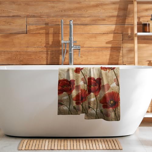 Imiss Red Poppy Flower Hand Towels Set of 2 - Rustic Brown Wooden Multi-Purpose Guest Kitchen Towel 14.4 x 28.3 Inch for Face Bathroom Gym Spa - color: Red Poppy Floral