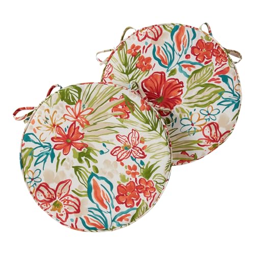 Set of 2 Outdoor 18 inch Round Patio Dining Chair Pads – Comfortable Fiber-Filled Seat Cushions with Ties, Reversible Polyester Fabric, Breeze Floral - color: Breeze Floral