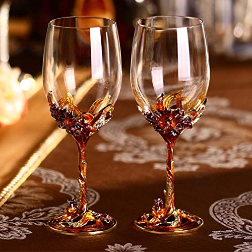 Comeon Flower Wine Glasses Hand Painted Wine Glasses Golden 2 Set | Golden Enamels Floral Design, Included Gift Box, Transparent Glass, Long Stem Crystal Red Wine Glasses, Champagne Glasses - color: Golden/ 2 set (gift box)