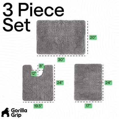 GORILLA GRIP Area Rug Sets 3 Piece, Bath Mat Set and Oval Toilet Base with Rubber Backing, Plush Absorbent Shaggy Chenille Washable Mats, Includes 24x19.5, 24x17 and 30x20 Inch Rugs, Grey - color: Grey, style: 24"x19.5" + 24"x17" + 30"x20" - 3 Pack