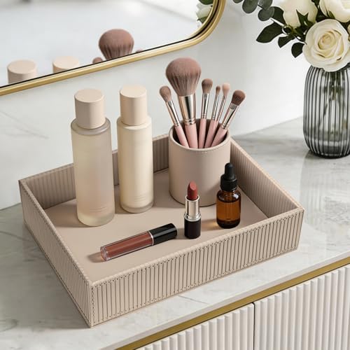 SITHON Valet Tray Desk Organizer PU Leather Catchall | Bedside Vanity Tray Nightstand Caddy Coin Box Key Jewelry Storage Organizer, Graduation, Stripe Latte - color: Stripe Latte