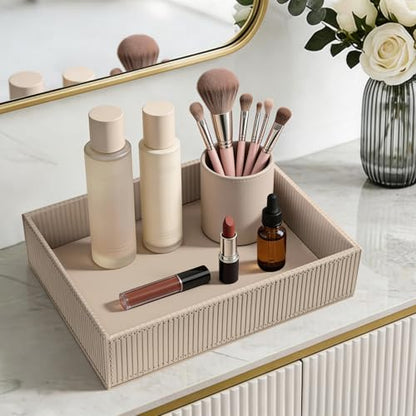 SITHON Valet Tray Desk Organizer PU Leather Catchall | Bedside Vanity Tray Nightstand Caddy Coin Box Key Jewelry Storage Organizer, Graduation, Stripe Latte - color: Stripe Latte