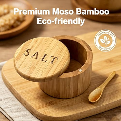 Bamboo Salt Box with Spoon, Magnetic Swivel Lid, 6oz Salt Cellar | Premium bamboo, 6oz capacity, includes spoon, magnetic swivel lid, perfect for countertop salt, spices and seasoning.