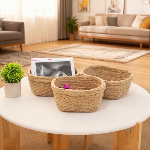 Square Seagrass Storage Baskets Set of 3, Hand Woven Stitched Rolled Edge Baskets, Boho Decorative Woven Baskets for Bathroom Kitchen Living Room Nursery