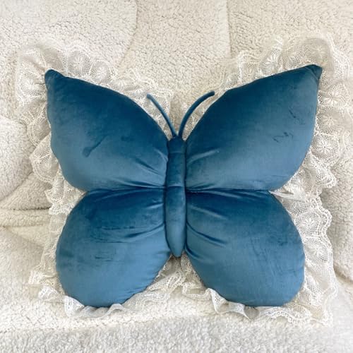 Butterfly Throw Pillow,21.6 inch Velvet Butterfly Decorative Pillow | Lace Trim,Animal Pillow for Couch Living Room Bed,Home Garden Decor - color: Blue
