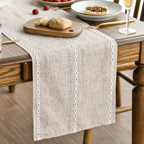 Artoid Mode Brown Rustic Cotton Linen Table Runner, Seasonal Embroidered Hollow Kitchen Dining Table Decoration for Home Party Decor 13x60 Inch - color: Brown, size: 13" x 60"