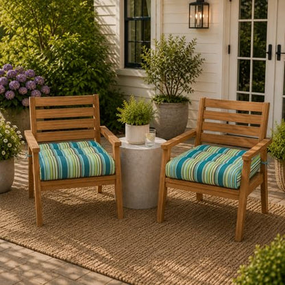 Magpie Fabrics Outdoor Tufted Seat Cushion 19"x19" Set of 2 (Green Striped) | Waterproof Patio Chair Pads with ties Tatami Floor Pillow for Room Garden Balcony Office - color: Green Striped