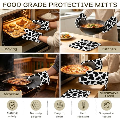 Cow Print Oven Mitts and Pot Holders Set of 4, Heat Resistant Non Slip Kitchen Gloves Hot Pads, Chef Cooking Baking Gifts for Women Bakers, Kitchen Gifts for Cooking Lover Cooks Mom - color: Cow Print