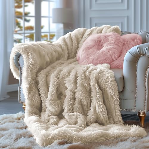 Hyde Lane Fluffy Cute Throw Blankets for Couch Sofa, 2 Way Reversible Ultra Soft Long Faux Fur, Shaggy Cozy Fuzzy Blanket Beige/Khaki, 60x80 - color: Beige/Khaki, size: 60x80"