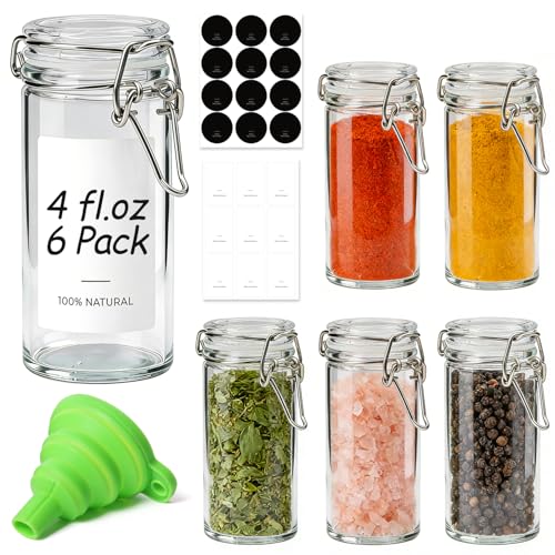 ComSaf Small Glass Spice Jars with Airtight Lids 4 oz 6 Pack with Labels | Seasoning herbs powders, Salt pepper chili, Spice rack cabinet organization, Small size, Funnel included, Party favors - size: 4oz*6