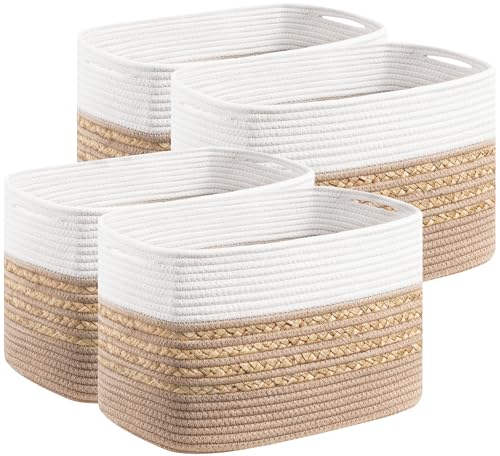 UBBCARE 4 Pack Baskets for Organizing, Woven Storage Baskets for Toys and Towel, Rectangle Cotton Rope Basket with Handles, 14''L x 8''W x9''H, Brown - color: Brown, size: 4 Pack - 14 X 8 X 9 Inches