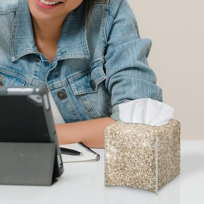 Gold Square Tissue Box Holder with Bottom Belt Foldable Napkin Facial Tissue Holder Dispenser Home Car Office Paper Organizer - color: Gold