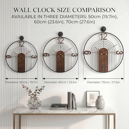 Large Modern Walnut Dial Wall Clock, Wood Metal Frame Silent Non Ticking Decoration Wall Clocks for Living Room, Bedroom, Kitchen, Study, Handmade Home Decor Gift Idea, 26.4 Inch - size: 2.X-L(26.4 in)
