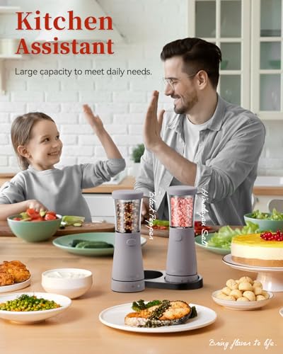 Electric Salt and Pepper Grinder Set with Storage Base, Stainless Steel Rechargeable Salt and Pepper Grinder Set with 4.5 oz Large Capacity, 1.8" Wide Mouth, Adjustable Coarseness, Ideal for Kitchen - color: Lavender