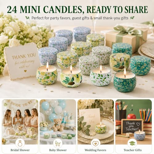 24 Pack Mini Scented Candles for Party Favors, 2.5 oz Soy Wax Tin Candle Gift Set, 6 Fresh Botanical Scents x 4 Each, Small Gifts for Bridal Shower, Baby Shower, Wedding Favors, Teachers - size: Summer 24-Candle Set