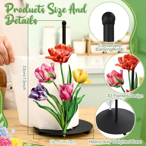 Flower Paper Towel Holder Countertop Tulip Kitchen Decor and Accessories Black Metal Farmhouse Large Tissue Stand Gifts for Women Mom Grandma, 3D Hand Painting Pattern, Weighted Base - style: Tulip
