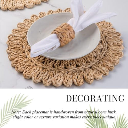 11.8" Set of 6 Round Corn Husk Placemats | Boho Woven Rattan Table Mats | Farmhouse Wicker Spring Plate Chargers Like Water Hyacinth, Seagrass for Wedding, Party, Christmas, Events - size: Set of 6 (Dia 11.8)