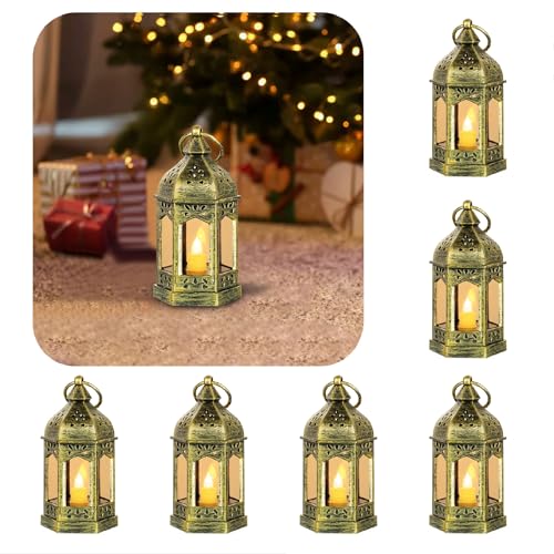 Mini Gold Lanterns with LED Candles, Set of 6 for Centerpieces | Moroccan-style Small Hanging Lanterns with Glass Panels, for Ramadan, Diwali, Ganpati, Weddings, and Enchanted Forest Decor - color: Gold