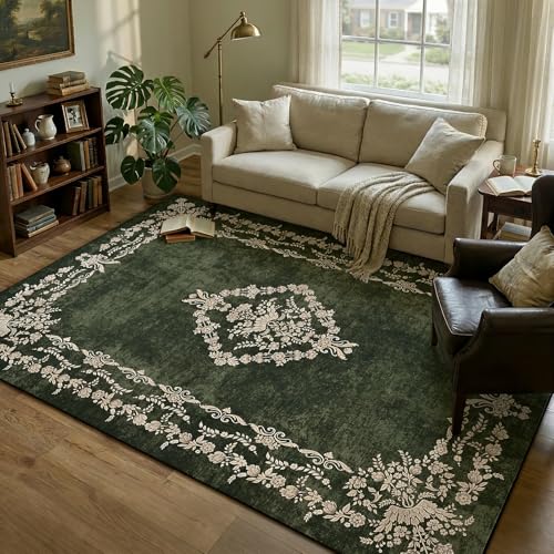 FlyDOIT 5x7 Large Area Rugs for Living Room, Green | Washable Floral Boho Rug, Non-Slip Soft Indoor Throw Carpet for Bedroom Dining Room Entryway College Dorm Office Decor - color: Green, size: 5' x 7' (Rectangular)
