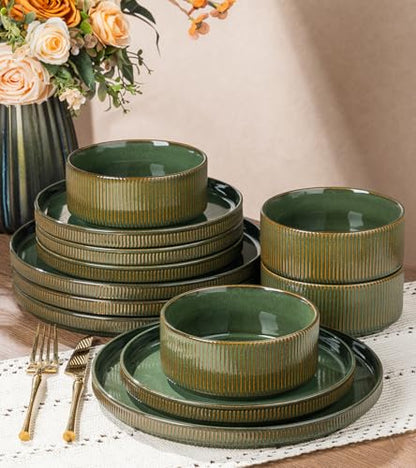 GBHOME Stoneware Dinnerware Sets for 4, 12 Pieces Plates and Bowls Set | Lightweight Ceramic Ribbed Dishes,Reactive Glaze Stackable Plate Set,Scratch Resistant,Microwave&Dishwasher Safe,Sage Green - color: Sage Green