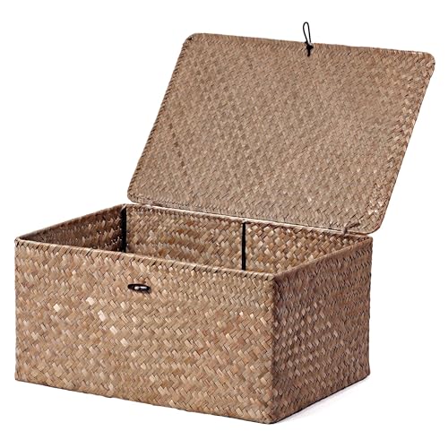 Nonam Seagrass Storage Large Basket with Lid,Wicker Basket Storage Bin with Lid for Shelves,Boho Decor,Handwoven Shelf Basket for Organizing-Storage Container Box for Home Organization-Coffee - color: XXL-Coffee
