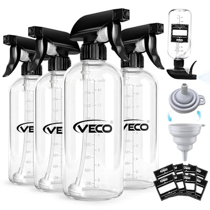 Veco 15oz Graduated Spray Bottles, 4-Pack — 360° Any-Angle Spraying for Easy Dilution, Leak-Resistant spray bottles for Cleaning, Plants, Hair & Pet Use + Foldable Funnel - size: 15oz 4pack