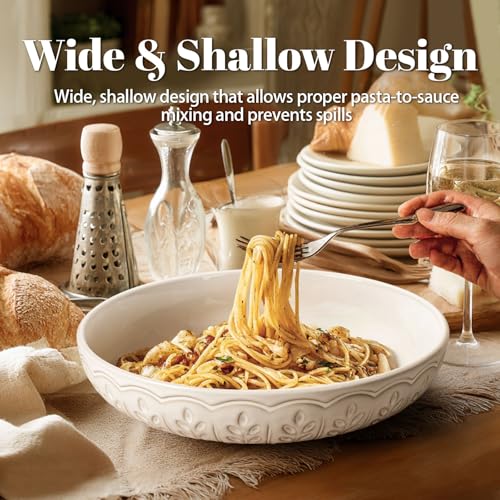 Pasta Bowls, 50oz Large Salad Serving Bowls, 9.75'' Plates Bowls Set of 4, Big White Ceramic Soup Bowls for Kitchen, Embossment Shallow Dinner Bowl, Microwave Dishwasher Safe, Wheat Leaf - color: White (Wheat Leaf)
