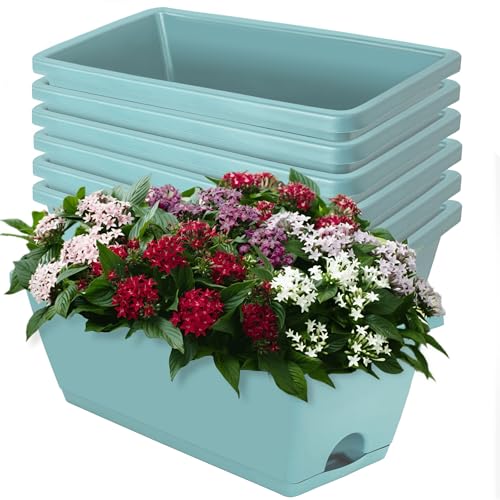 LOCONHA 7 Pack Window Box Planter, Plastic Vegetable Flower Planters Boxes | 17 Inches Rectangular Flower Pots with Saucers, Indoor Outdoor Garden Patio, Home Decor (Sky Blue) - color: Sky Blue