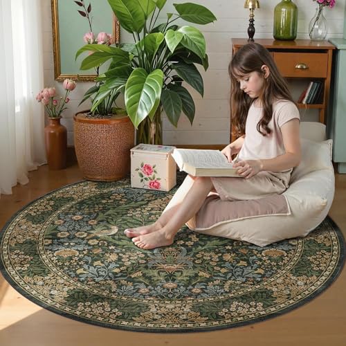 5ft Round Washable Area Rug Non-Slip Carpet for Bedroom Gold Green - color: Gold Green (Larger Pattern), size: 5' (Round)