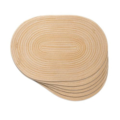 Beige Striped Oval Woven Placemats - Washable, Heat Resistant Cotton Blend Table Mats for Kitchen & Dining, Set of 6 - color: Light Khaki