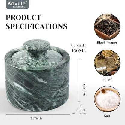 Green Marble Salt Cellar with Lid 3.5", Stone Pepper Container & Spice Jars for Kitchen, Marble Salt and Pepper Holder, Stone Storage Box for Kitchen Counter, Spice Jar (Verde Alpi Green) - color: Verde Alpi Green