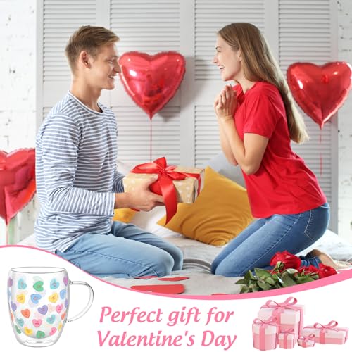 JarThenaAMCS Valentine' s Day Double Wall Glass Coffee Mugs Insulated Glasses 12Oz Candy Conversation Heart Clear Espresso Cups with Handle for Home Holiday Supplies, Set of 2 - style: Pastel Conversation Heart