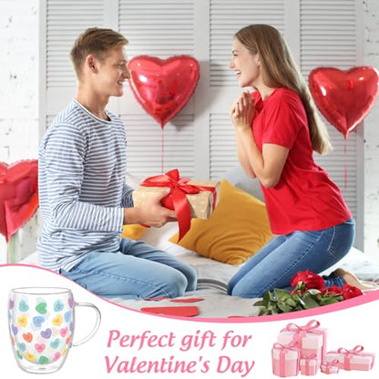 JarThenaAMCS Valentine' s Day Double Wall Glass Coffee Mugs Insulated Glasses 12Oz Candy Conversation Heart Clear Espresso Cups with Handle for Home Holiday Supplies, Set of 2 - style: Pastel Conversation Heart