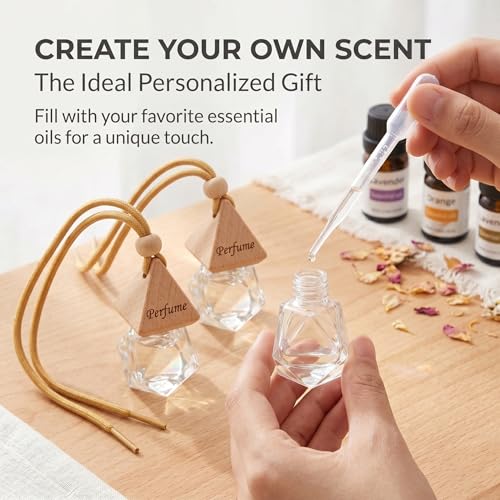 2-Pack Rhombus Refillable Hanging Car Diffuser Empty Glass Bottle | Wood cap hanging aroma pendant with dropper, holds essential oils for car home closet office - size: Rhombus - 2PCS